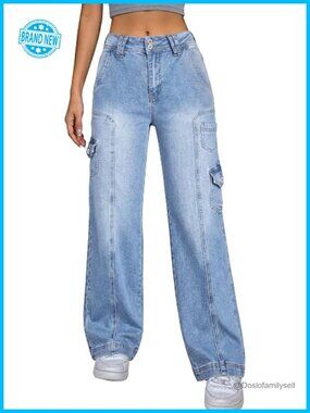 Cargo Jeans Y2K Wide Leg Baggy Denim Pants High Waisted with Pockets Vintage